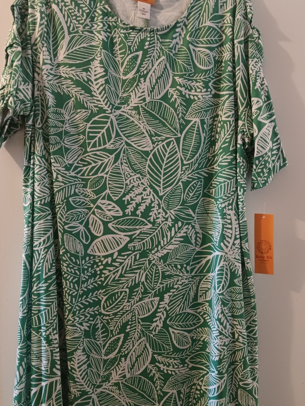 Ruby Rd Green White Leaf Sketch Print Ladder Cut Out Short Sleeve Dress 1X nwt